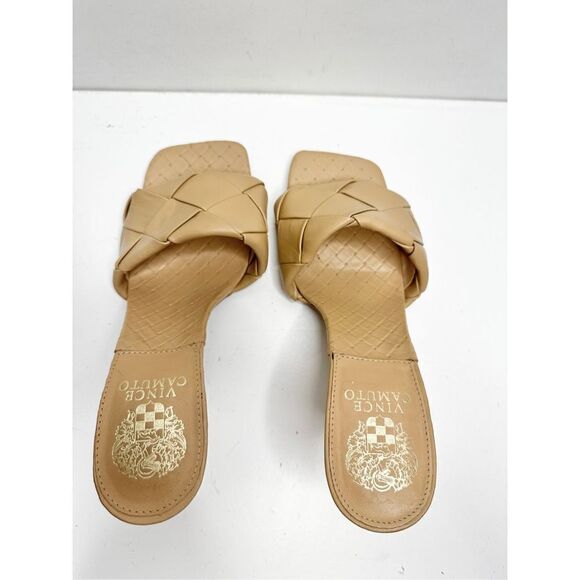 Vince Camuto Sandals Womens Size 8 Tan Leather Square Toe Slip On Woven Heels - Picture 5 of 9